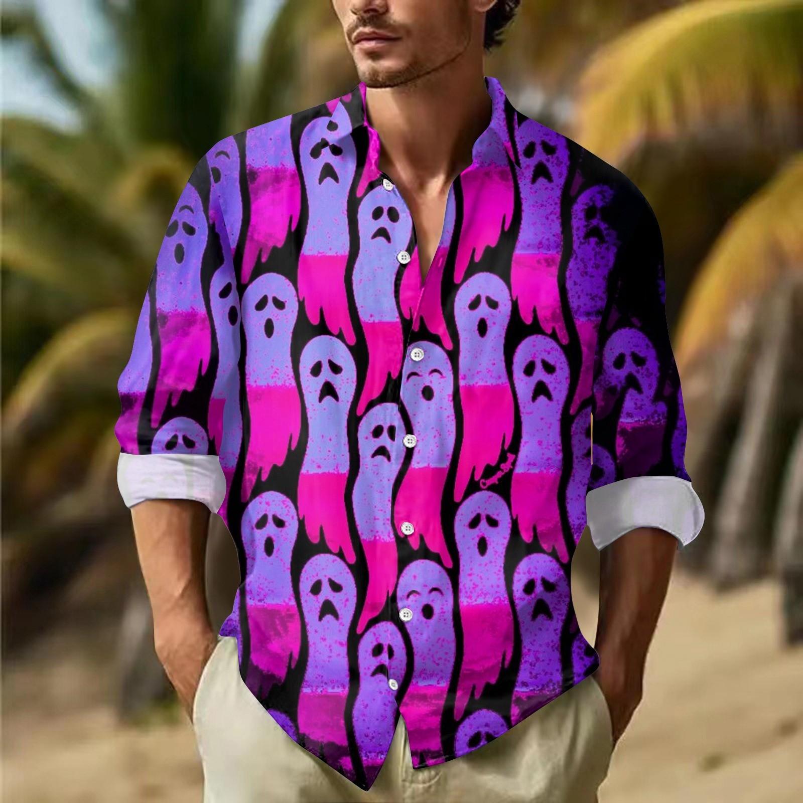 

Чоловічі сорочки з довгими рукавами з принтами на ґудзиках на Хеллоуїн Чоловічі повсякденні модні сорочки з довгими рукавами XXXXXL фіолетовий