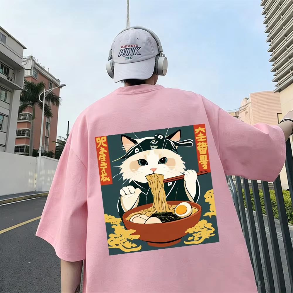 Cats Like Lamian Noodles Prints Unisex Tshirt Cotton Summer Soft Tops Oneck Short Sleeve T Shirt Unisex Casual Male Clothes