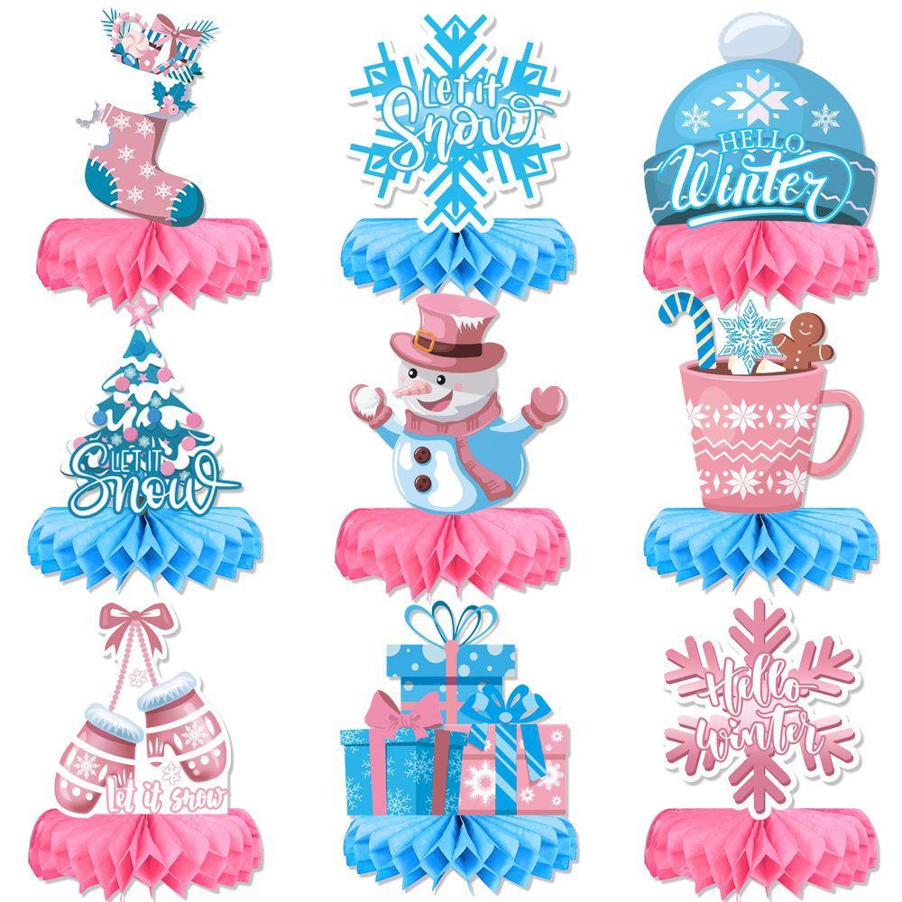 New Style, Christmas Theme, Cartoon, Pink Blue, Snowflake Snowman, Desktop Honeycomb Ornament, Party Decoration Supplies