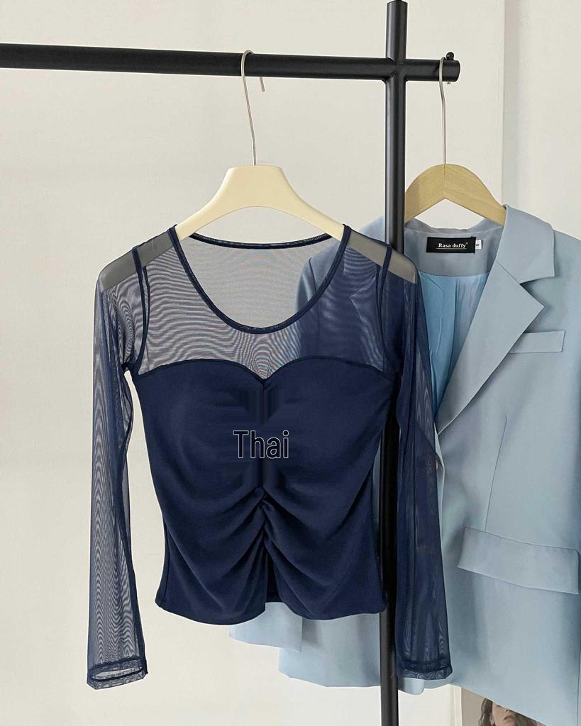 2026 Spring/Summer Women's Slim Mesh Layer Round Neck Long Sleeve Top