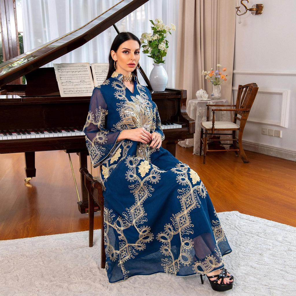 AB114 Middle Eastern Ethnic Style Sequin Burnout Abaya Evening Dress for Women