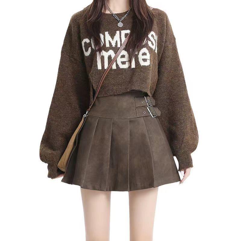 Women's A-Line High Waist Brown PU Leather Pleated Skirt - Autumn Slim Fit, Large Size