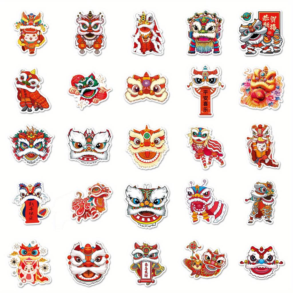 50pcs Lion Dance Chinese Style Cartoon Sticker Creative Lion Wake New Year Greeting Mobile Phone Shell Decorative Sticker