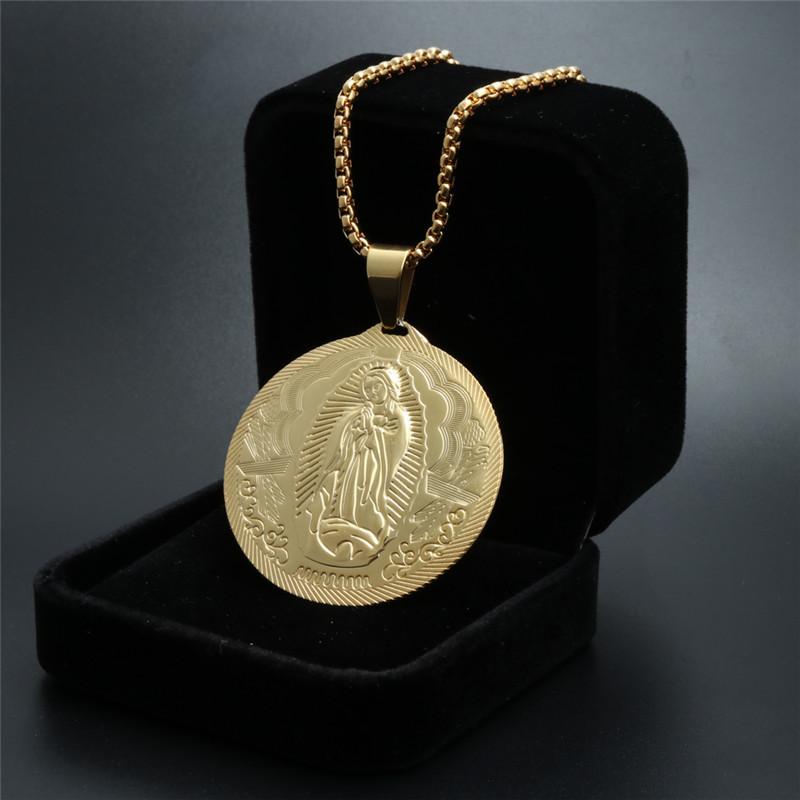Mens Necklaces Virgin Mary Maria Miraculous Medal Gold color Stainless Steel Fashion Religion Jewelry