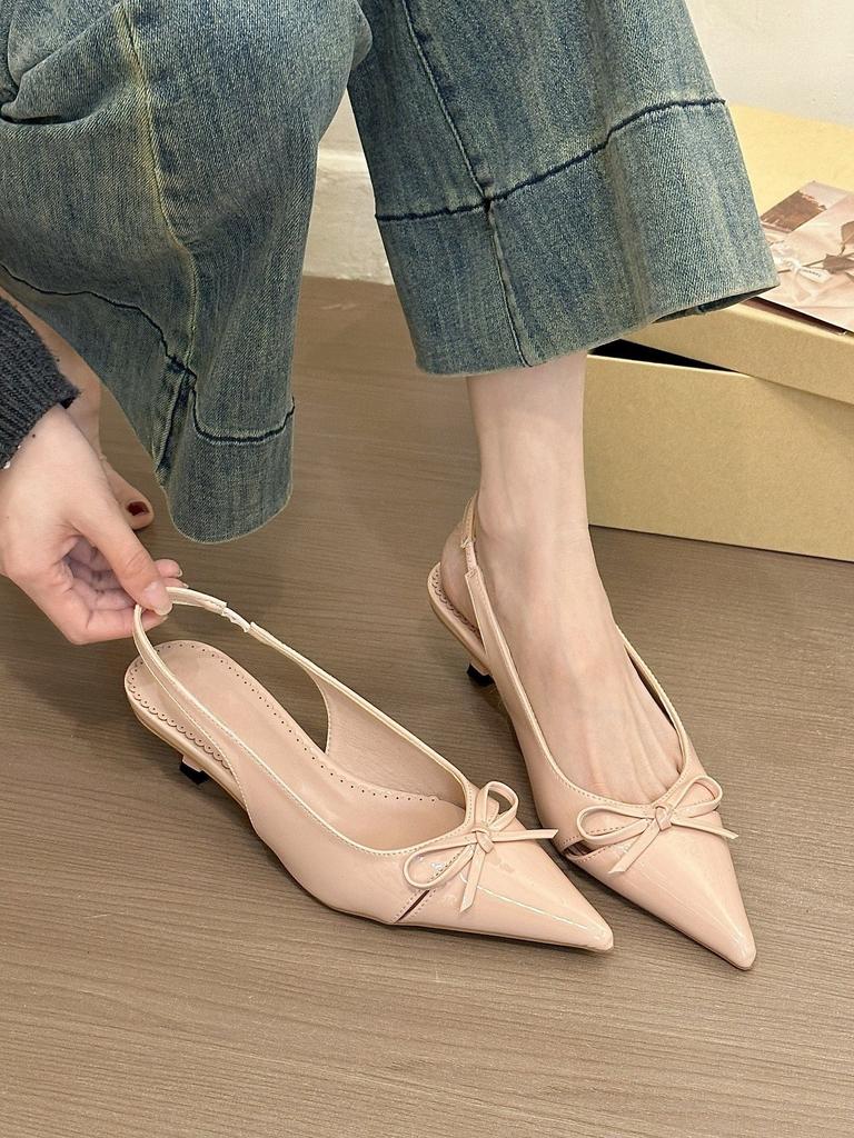 Pure desire for pink peaches! Temperament patent leather pointed cat heel sandals women's spring commuting bag head empty sandals