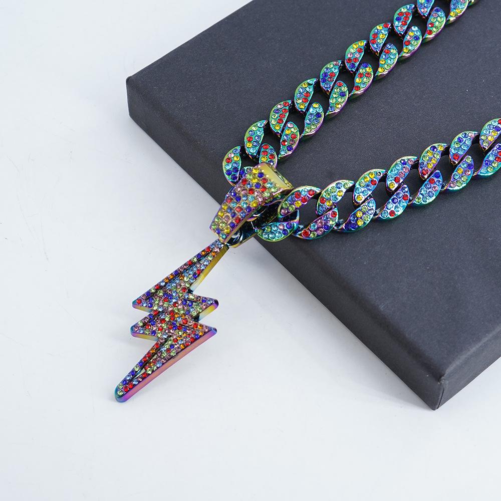 Light Luxury, Cool, Fully Diamond-encrusted, Colorful Lightning Pendant Necklace, Hip-hop Style, Street Dance, Rap, Clothing, Men's Accessories