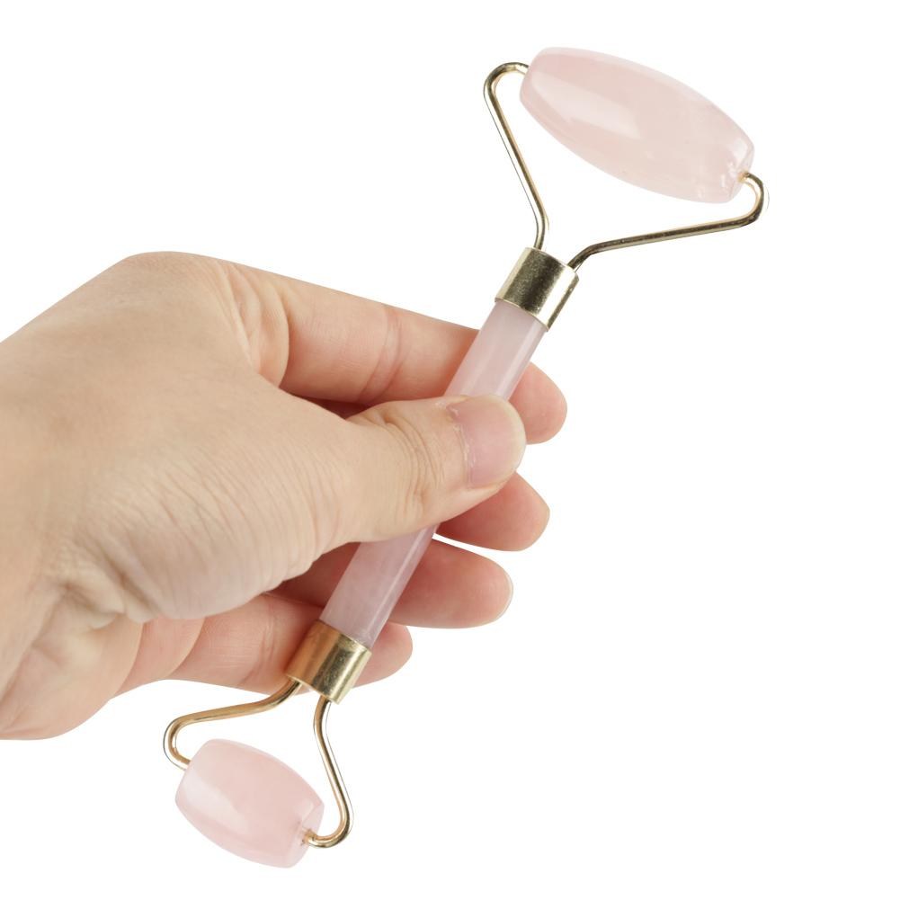 Natural Double Head Rose Quartz Jade Stone Roller & Scrapping Plate Face Massage Tool Kit