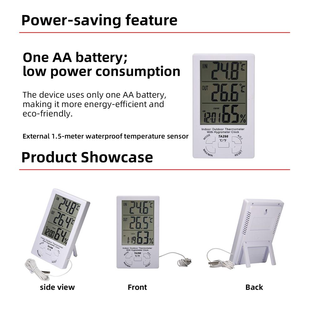 Indoor Outdoor Thermometer Hygrometer Clock Alarm Digital LCD Display C/F Temperature Humidity Meter 1.5M Sensor Probe