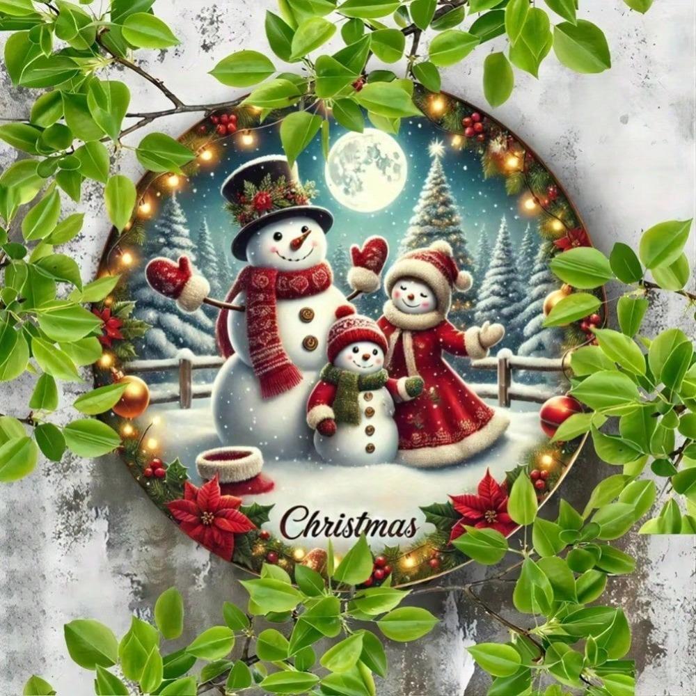 Vintage Snowman Family Aluminum Sign Round Embossed Folk Art Metal Tin Plate for Home Wall Decor Garden Patio