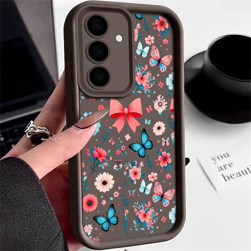 Butterfly Floral Pattern Anti-Fall Case For Samsung S25 Ultra S24 FE S23 S22 A56 A36 A26 A16 A15 A35 Matte Shockproof TPU Soft Phone Cover