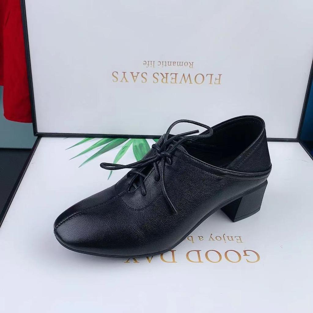 Leather single shoes women's spring and autumn new thick heel medium and low heel women's shoes square head lace-up cowhide black leather shoes