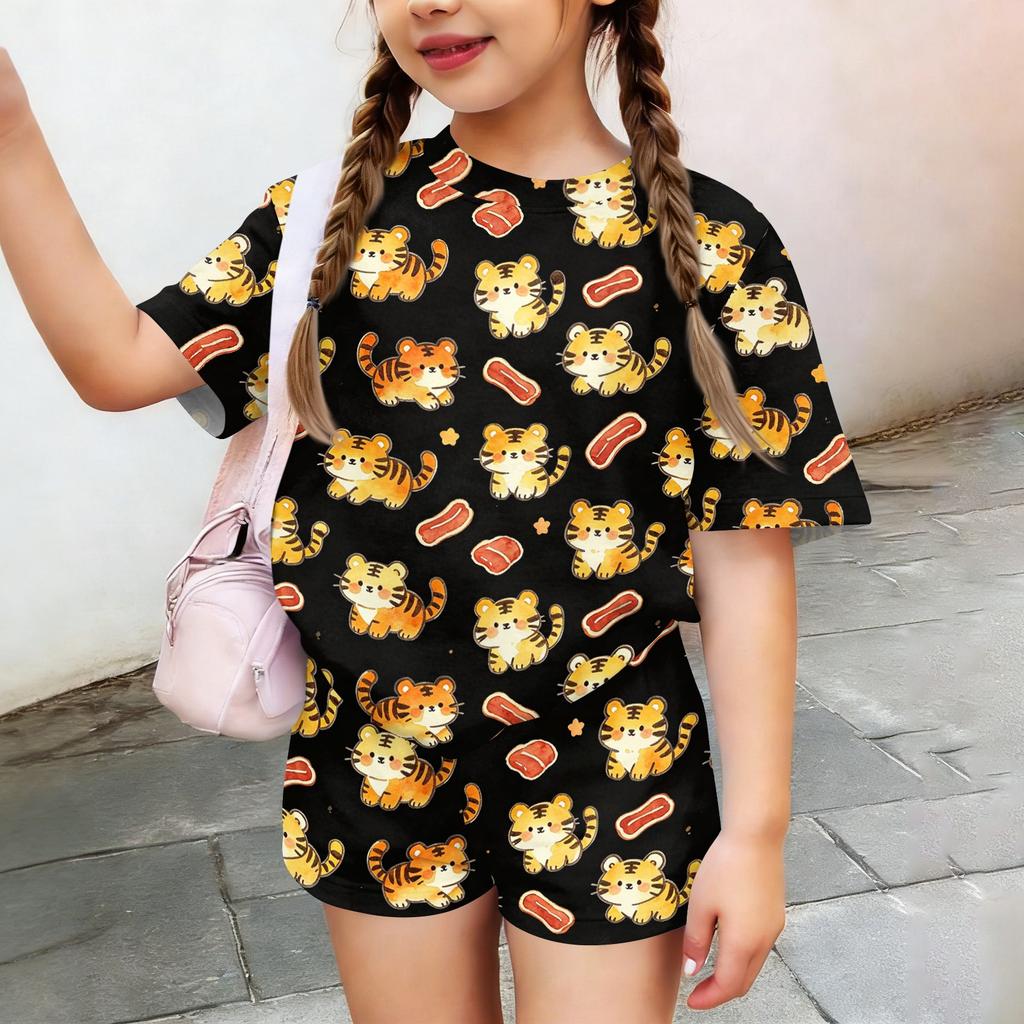 Kids Casual Two Piece Set Short Sleeve Top and Shorts Animal Pattern Lightweight Comfortable Summer Outfit for Boys and Girls