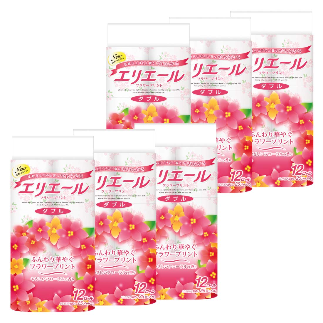 

Elleair Toilet Paper Flower Print 25m x 72 rolls (12 rolls x 6 packs) Double 100% Pulp Elegant Flower Scent [Case Sold]
