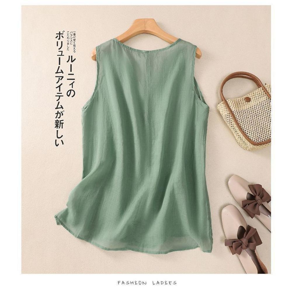 Strap Vest Women's Summer New Artistic Cotton and Linen Sleeveless Inner Layer Bottom Shirt Versatile Embroidered Round Neck