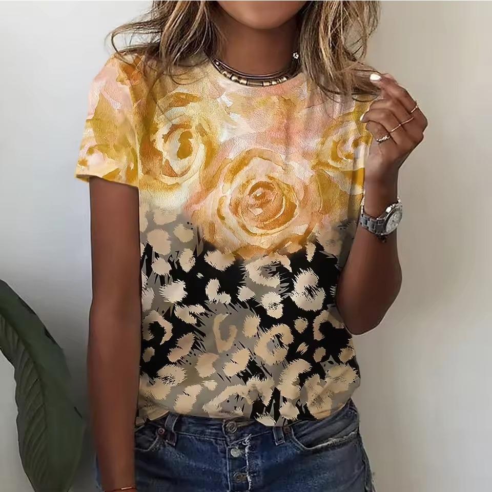 Summer Round Neck Flower Pattern 3D Print Top Fashionable Casual Short Sleeved Women's T-shirts
