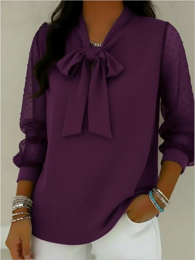 2026 Women's Solid Color Bow Chiffon Patchwork Shirt