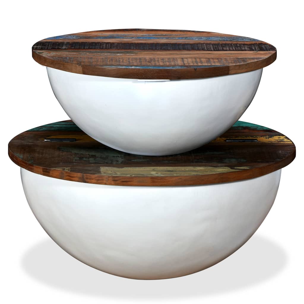  Coffee Tables, 2 Pcs, Reclaimed Wood, White, Bowl Shape