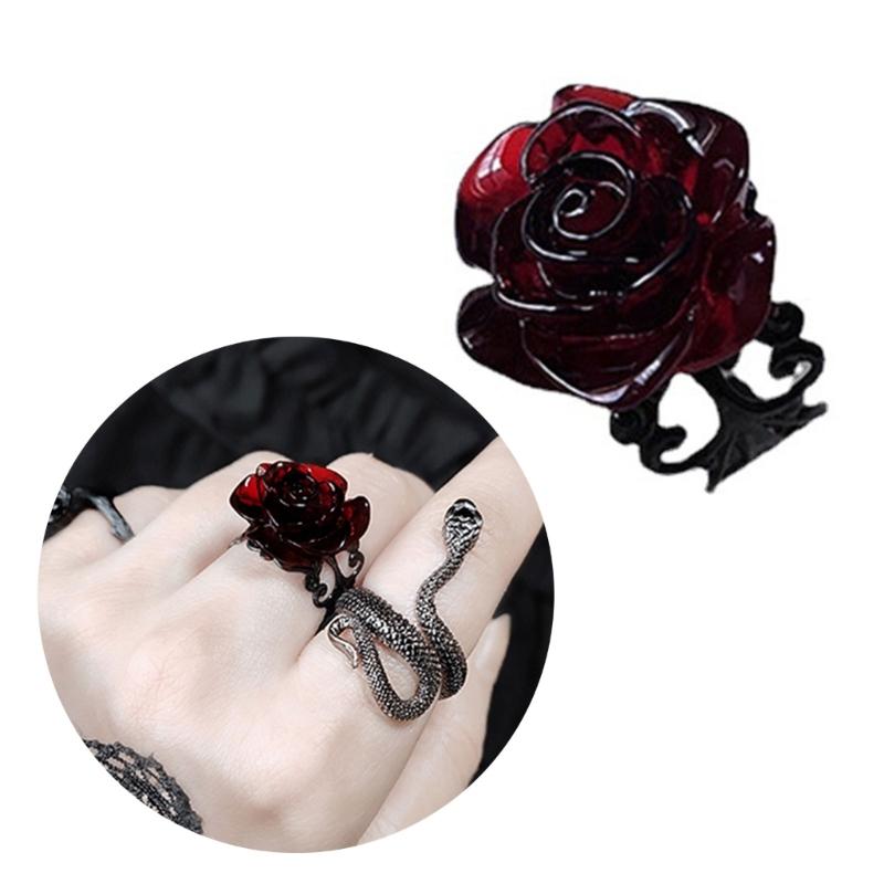 Elegant Red Rose Rings Punk Gothic Flower Adjustable Open Rings Halloween Party Cosplay Rings Jewelry Gifts for Women