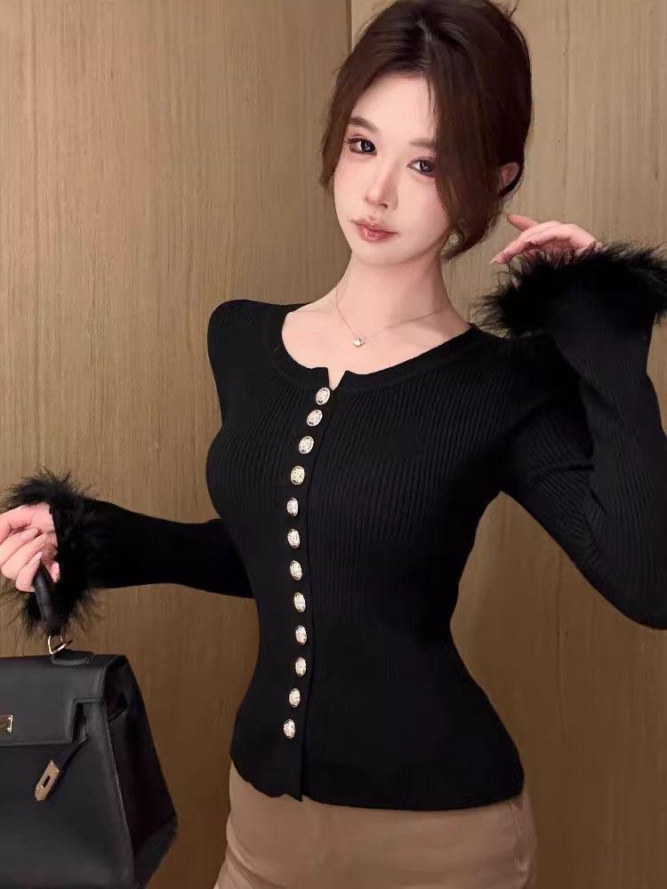Thousand Gold Wind Furry Sleeve Knit Cardigan - Women's Autumn/Winter Sweater