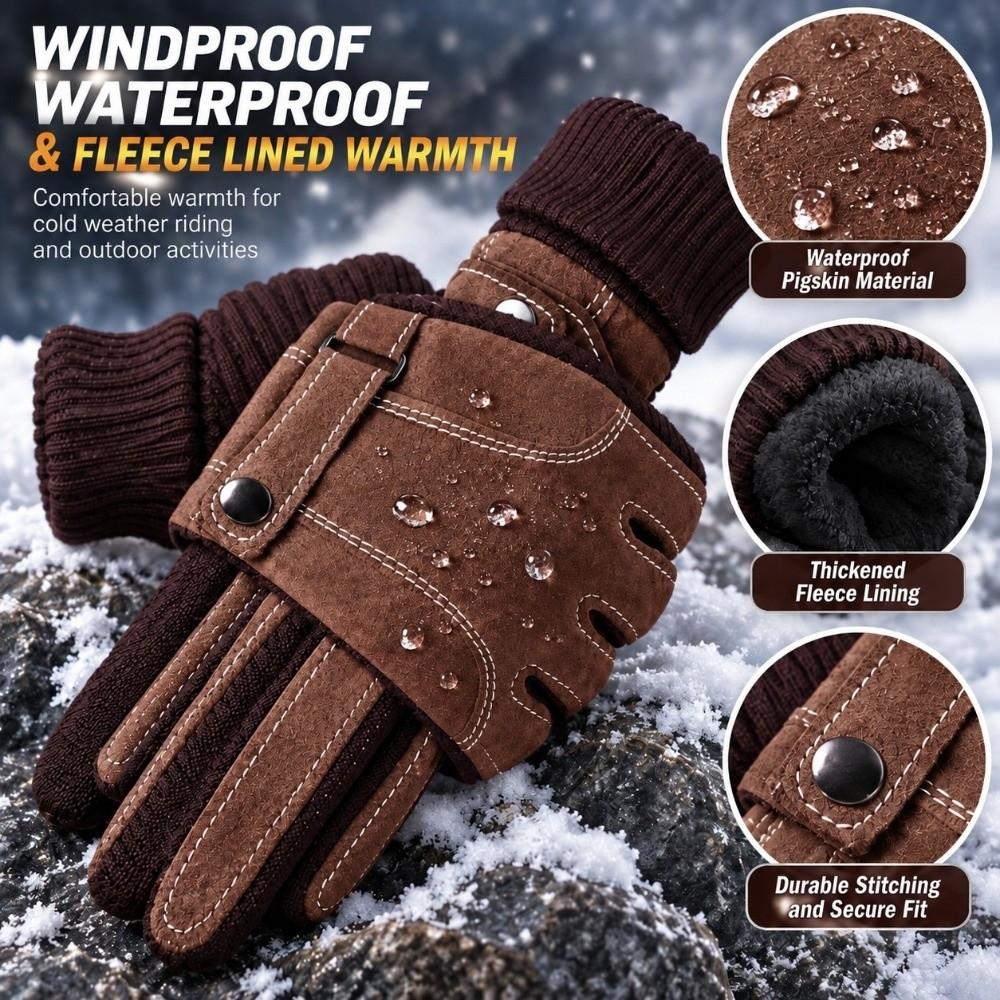 Full Finger Riding Cycling Gloves Touch Screen Fleece Lined Gloves Genuine Leather Gloves Men