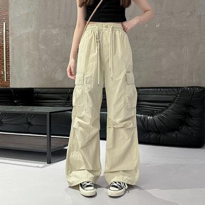 Girls Summer Thin Cargo Wide-leg Long Pants Students Multi-pocket Mid-rise Sweat Pants