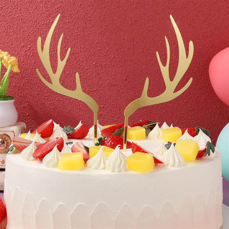 5pcs Christmas Antlers Shape Cake Toppers Chic Acrylic Reindeer Dessert Ornament Cupcake Toppers Fruit Picks Xmas Party Supplies