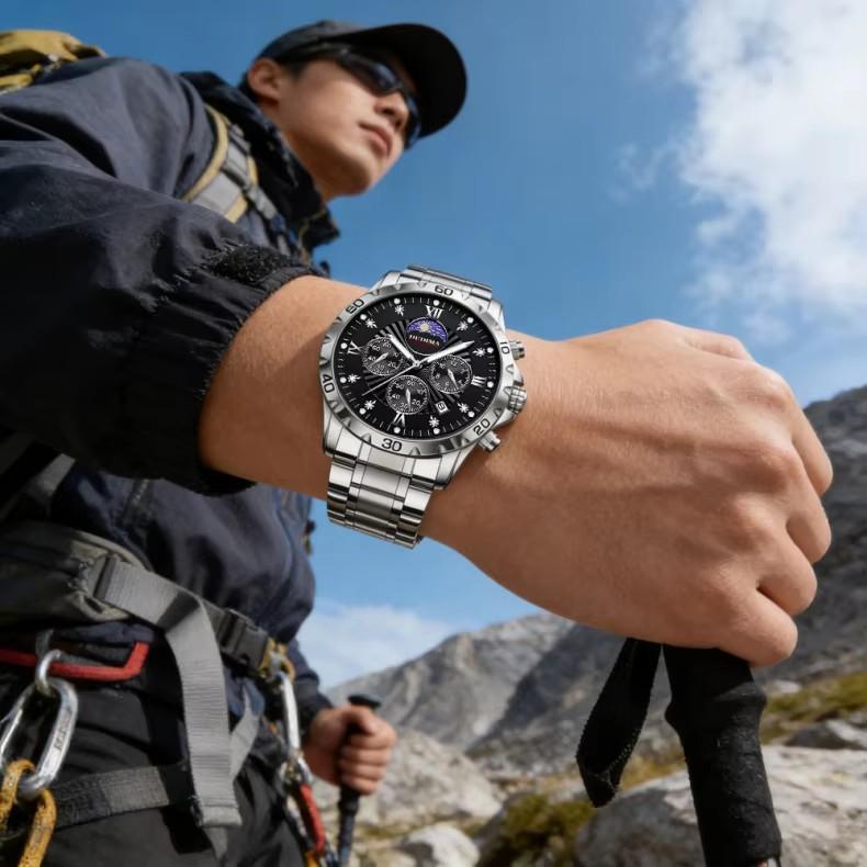 Men's Quartz Watch with Subdials Analog Wristwatch with Date-Display Waterproof Luminous Chronograph Dress Watches Stainless Steel Band