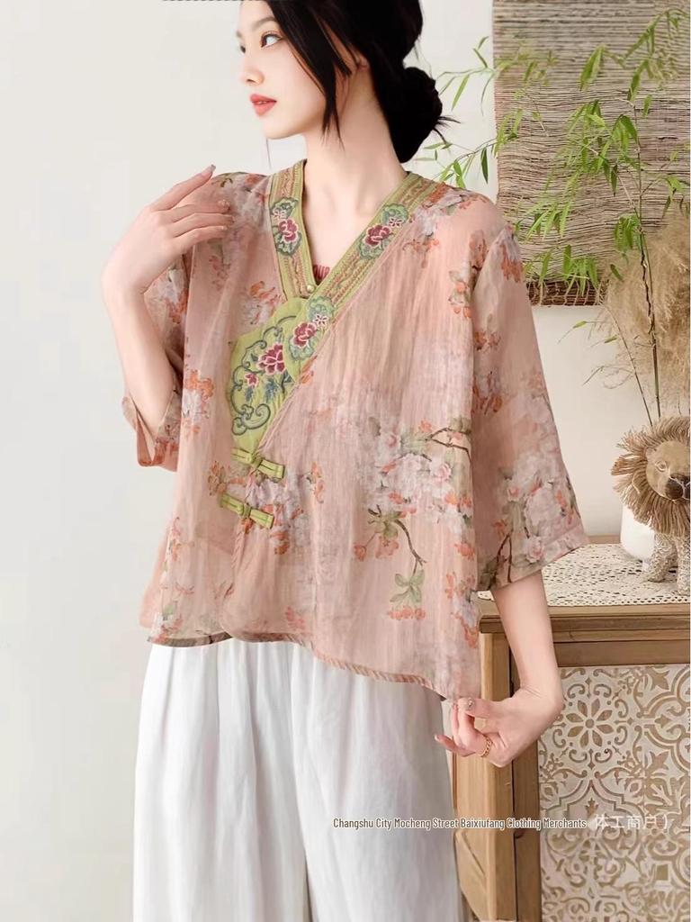 2026 Summer Women's V-Neck Retro Chinese-Style Ramie Shirt with Frog Buttons and Embroidered Prints