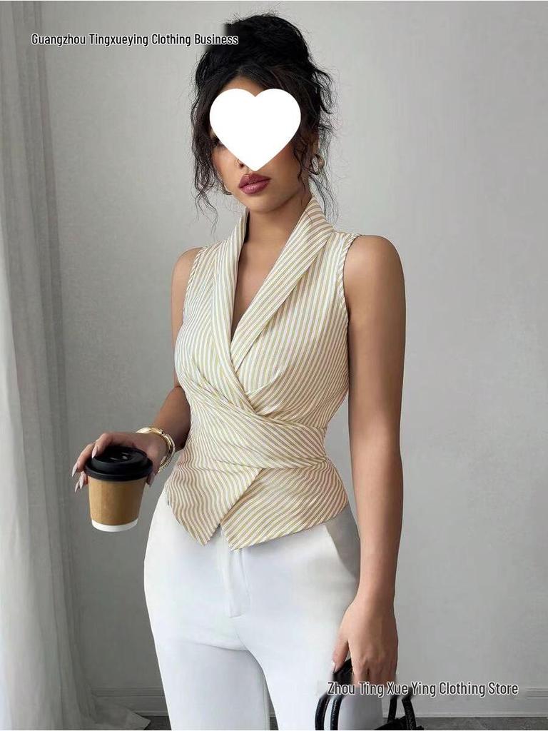 Striped Sleeveless Tie-Waist Slimming Vest for Women