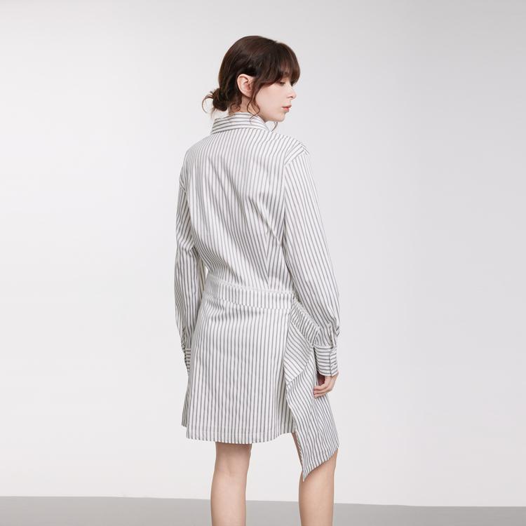 ELLE Striped Pointed Collar Loose Long Sleeve Dress Women dress White L8CLM119