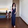 Summer French Blue Lace Neck V-neck Suspender Dress Women's New Floral Hip-wrapped Dress