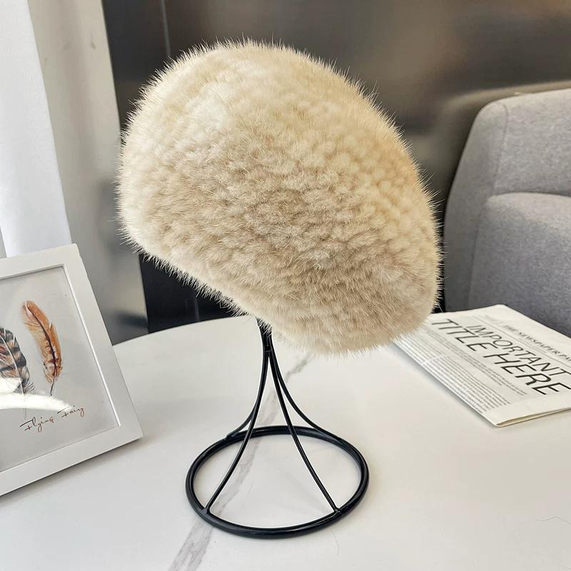 Autumn and Winter New Mink Hair Beret Female Korean Version Fashion Foreign Style Warm Ear Protection Versatile Fur Woven Painter Hat