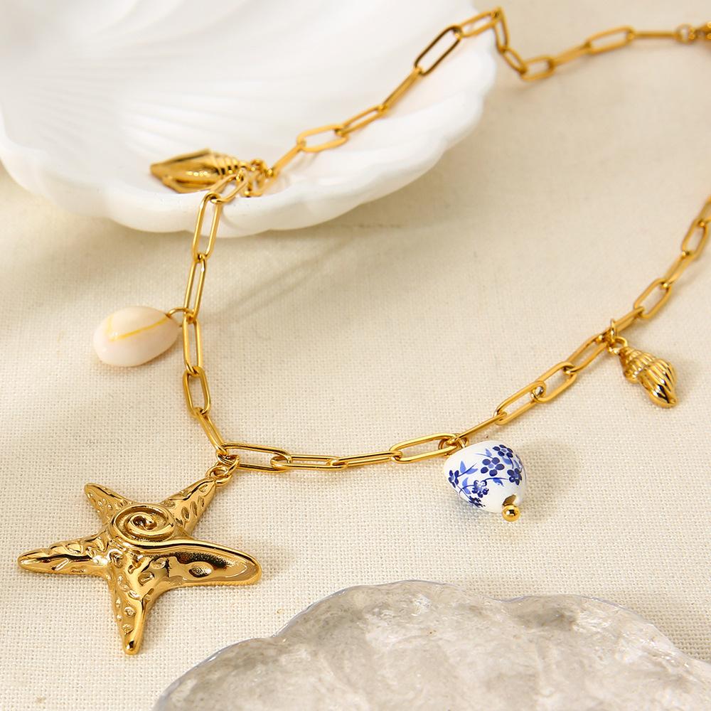 European and American Plated 18k Gold Starfish Shell Ceramic DIY Pendant Necklace Stainless Steel Necklace Women's Ocean Style Jewelry