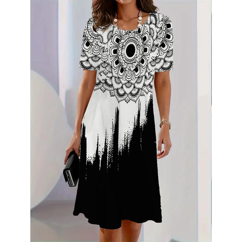 Damen Rundhals Kurzarm Knielang Geometrisches Kleid Damen Modisches 3D Gestreiftes Bedrucktes A-Linien Kleid Vestidos De Mujer