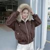 Women's Short Parka Jacket Hooded Faux Fur Collar Contrast Stitching Zip Up Ribbed Hem Winter Coat