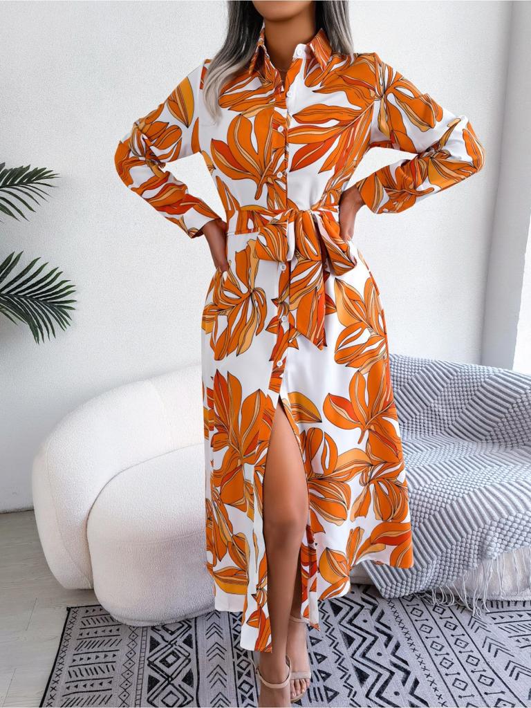 Abito Stampato con Colletto Revers Bottoni Vita Alta Elegante Abito Camicia per Donna Manica Lunga Abiti Ampi Abito Casual