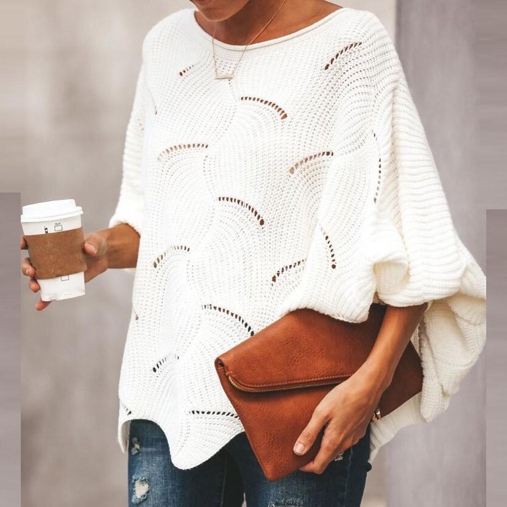 Women's Solid Color Casual Hollow Chain Link Loose Knitted  Sweater Sweater