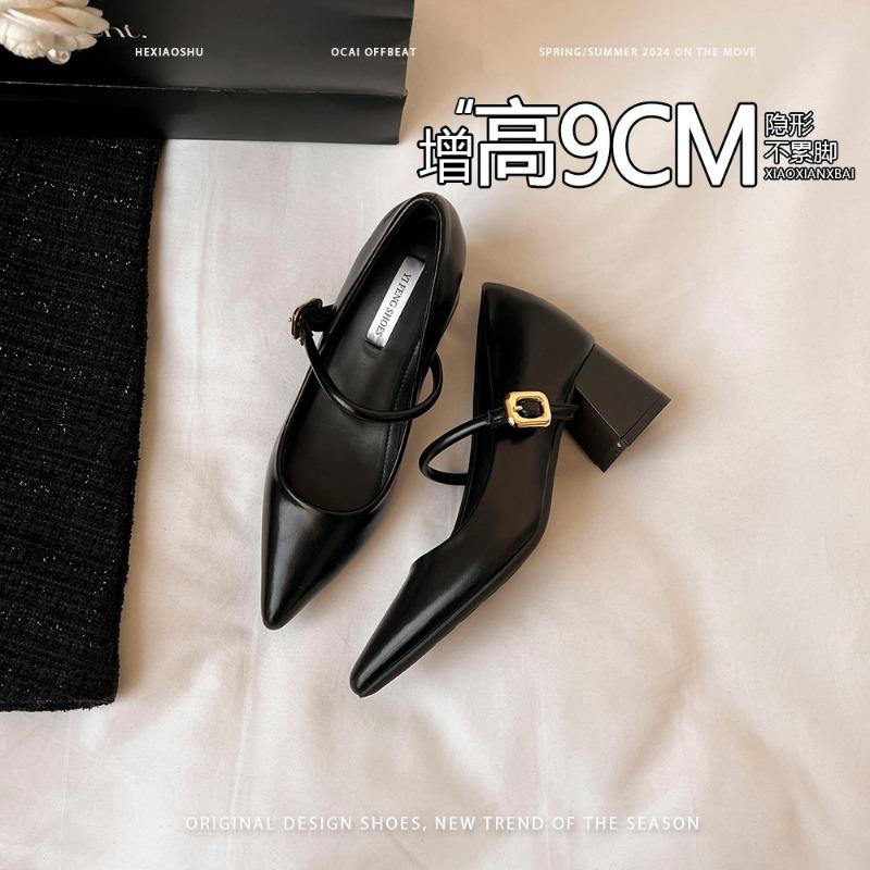 

Inner height increase 9cm pointed high heels gentle thick heel Mary Jane shoes women s single shoes 33