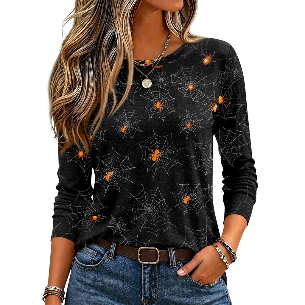 Women's Halloween Printed Neck Long Sleeve Pullover Top