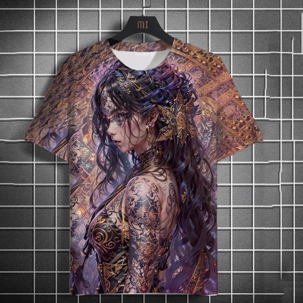 Anime Goddess Back Tattoo Men's T-shirt 3D Printed T-shirt Casual Loose Short Sleeve T-shirt Home Top