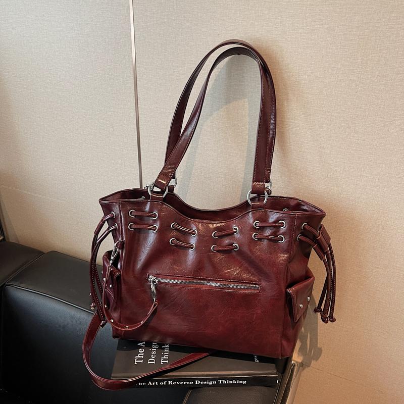 Elegancka Torba Tote ze Sztucznej Skóry Damska Modna Torba na Ramię ze Sznurkiem i Przednią Kieszenią na Zamek