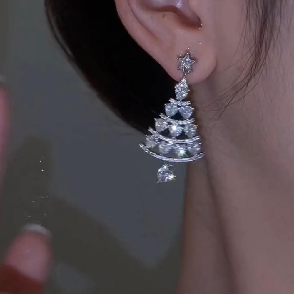 Shiny Xmas Tree Earrings Pendant Stud Earrings New Christmas Drop Earrings  Women