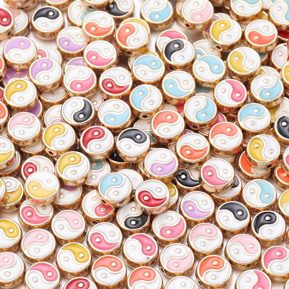 10pcs Double Sides Oil Drip Yinyang Beads for Jewelry Making Round Tai Ji Enamel Beads DIY Bracelet Necklace Loose Spacer Bead