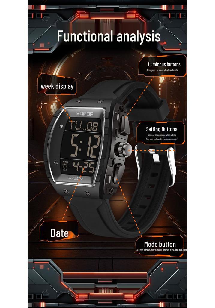 SANDA Men's Multifunctional Barrel-Shaped Sports Watch - Waterproof & Fashionable with Single Display Timing