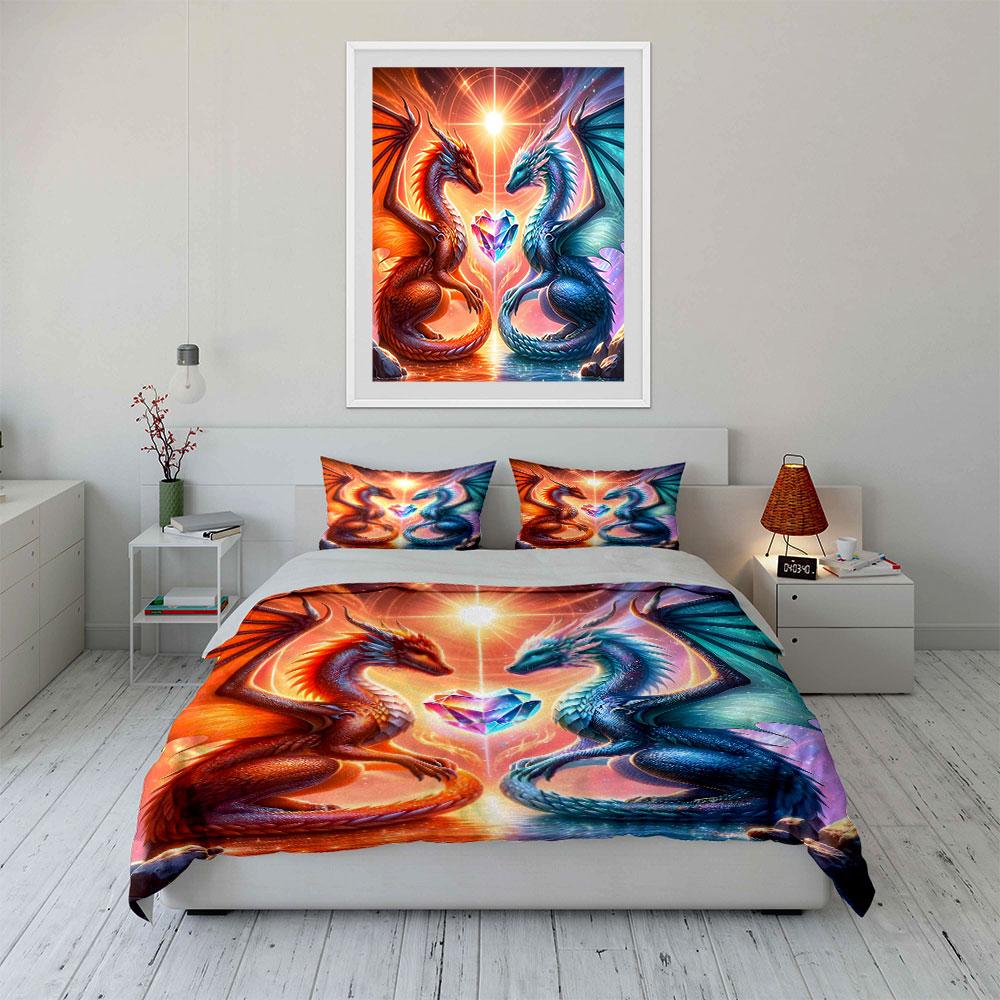 Two Dragons Guarding Crystal Heart Print Bedding Set 1 Duvet Cover 2 Pillowcases for Adult and Children Luxury Gift Full Size