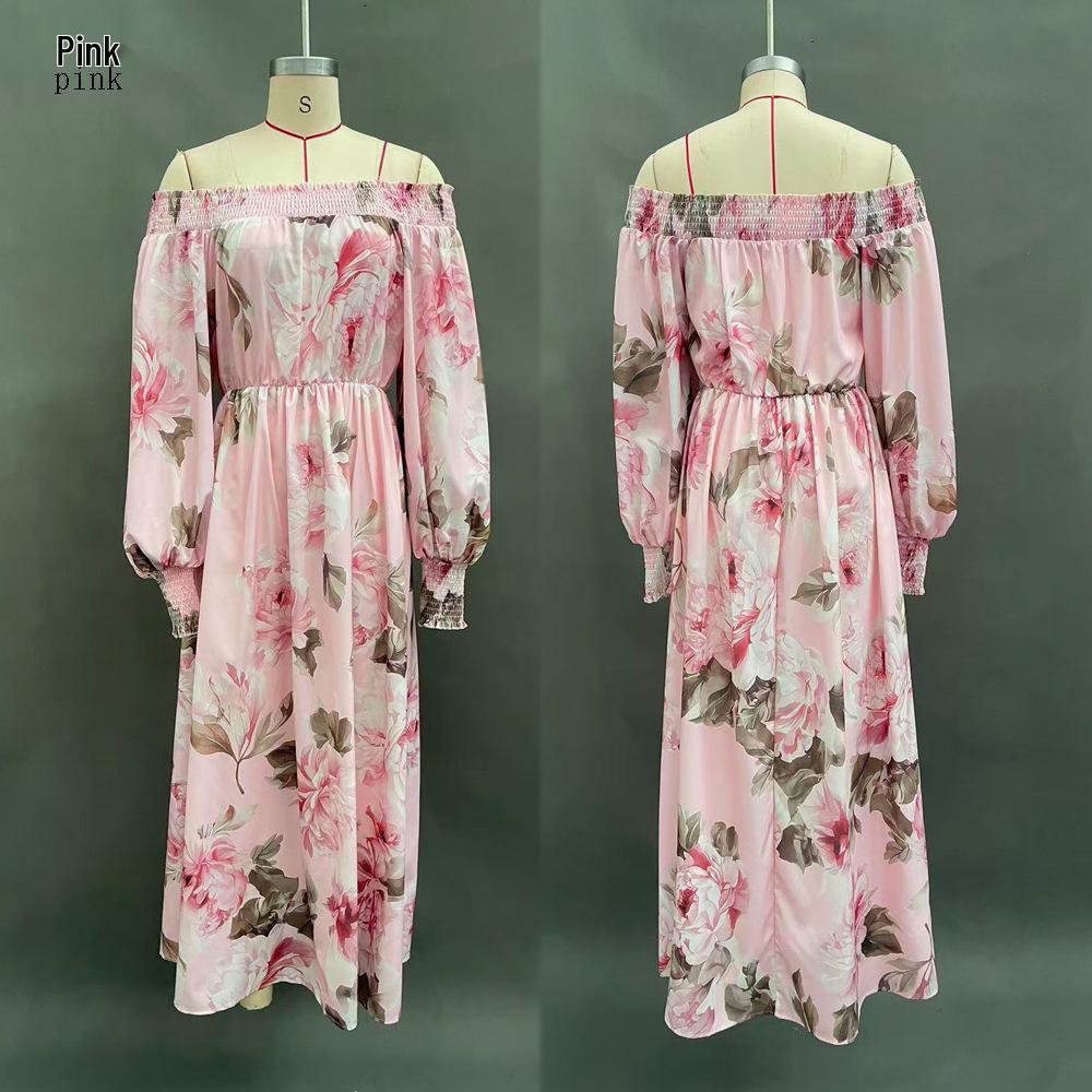 European & American 2026 Fashion Print One-Shoulder Lantern Sleeve Elegant Dress