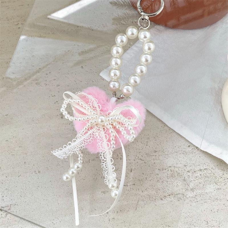 

Cute Sweet Plush Heart Love Lace Bow Pearl Chain Keychain Pendants Backpack Charm Bag Hanging Ornaments Girly Phone Chain Gifts розовый