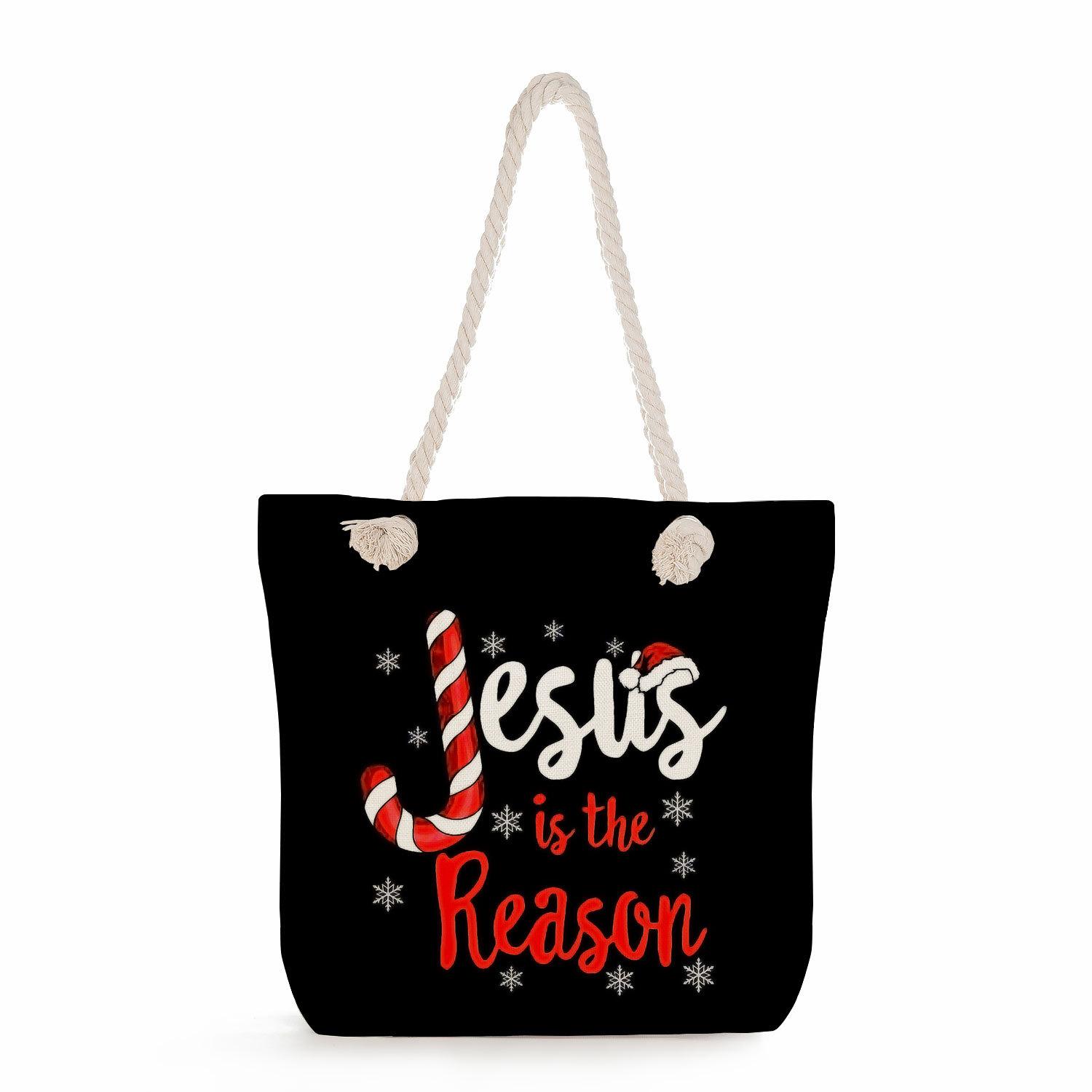 Christmas print thick rope single-shoulder beach bag 7231