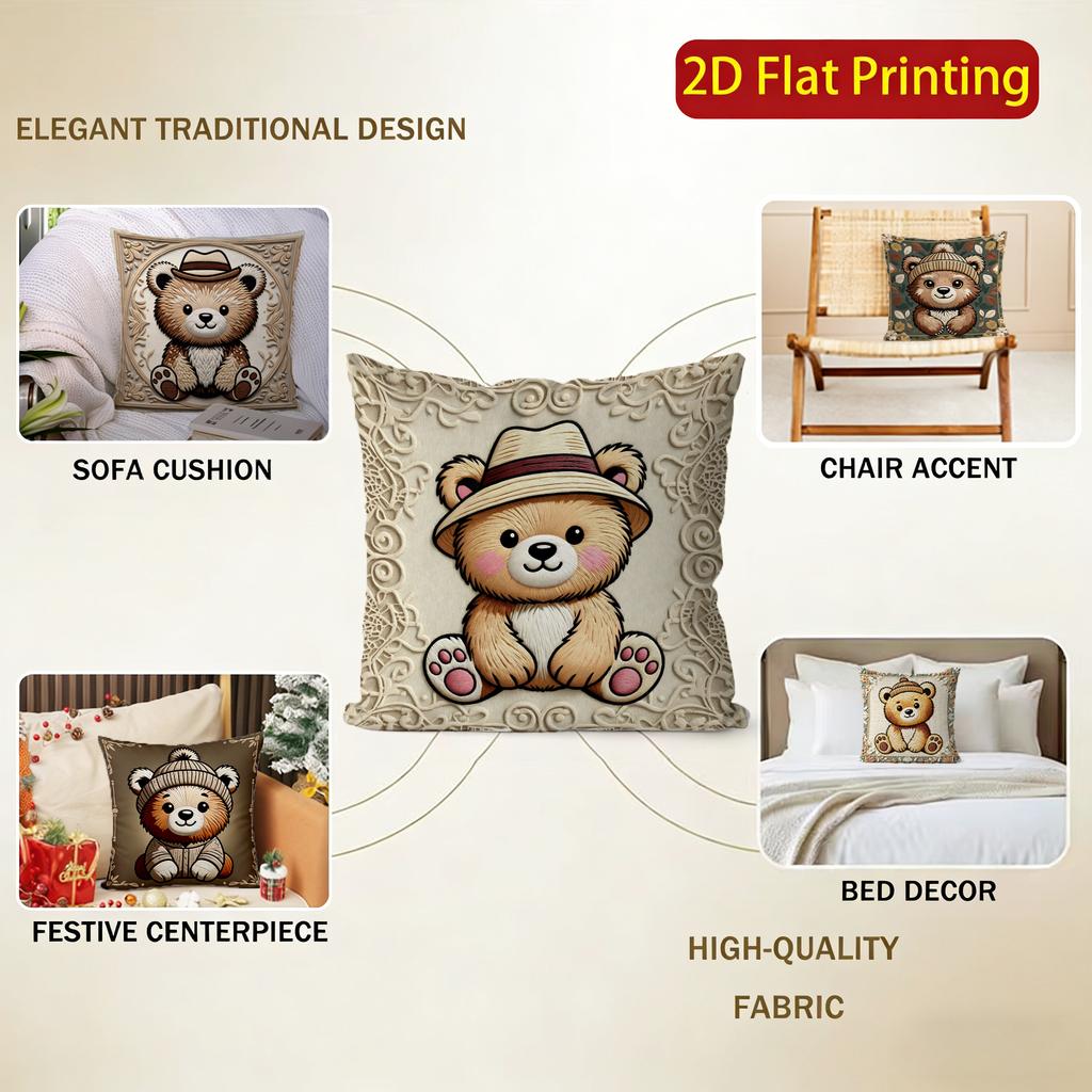 2D Cute Teddy Bears Pillow Covers For Home Decor Pattern Cushion Cover Suitable For Sofa Bedroom Car Pillow Cover