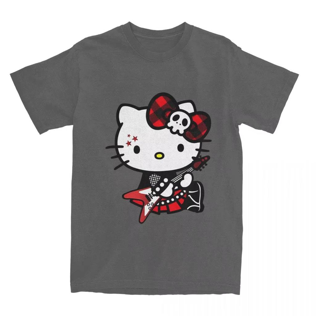 Summer Hello Kitty Tshirt High Quality Cotton Punk Rock Guitar Print Unisex Retro Casual YK Adults Kids